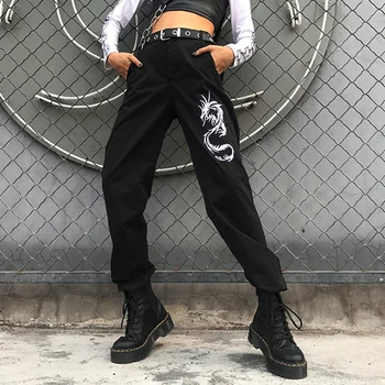 

Dragon Embroidery Cargo Pants Women High Waist Pocket Trousers Streetwear Jogger