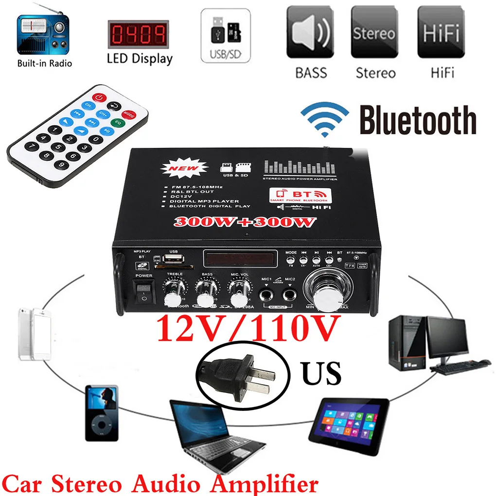 Автомобильный Bluetooth стерео аудио усилитель для дома HiFi Музыка SD USB FM AMP 12 в 600 Вт пульт дистанционного управления музыкальный плеер US Plug