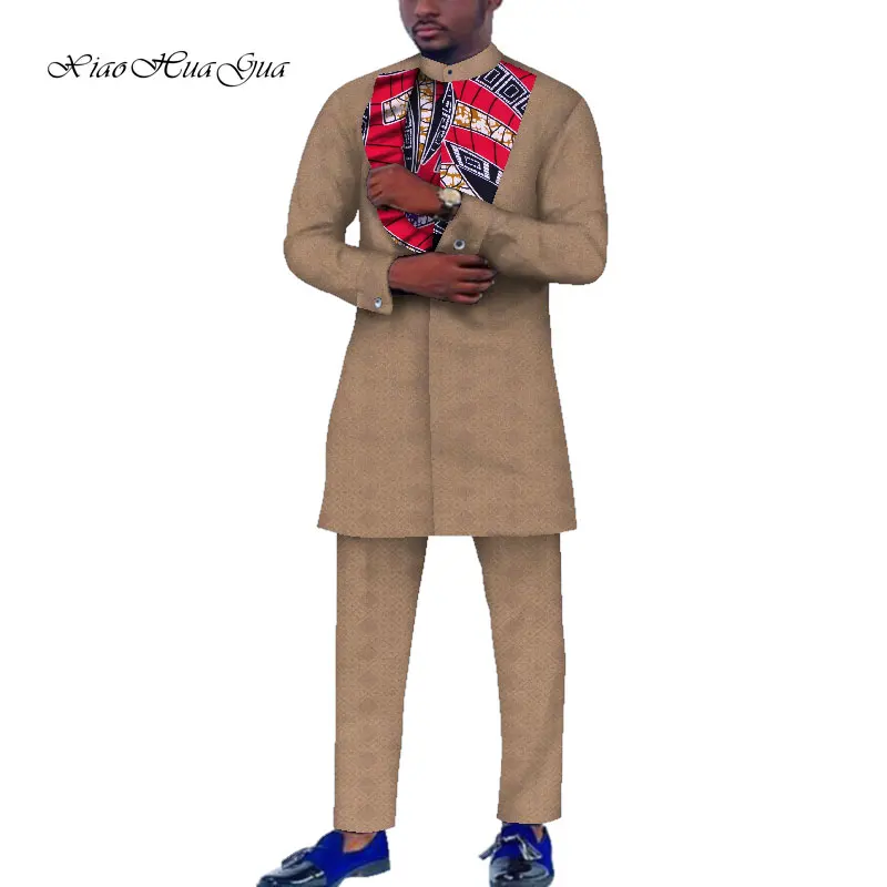 С Африканским принтом, одежда в африканском стиле Для мужчин Повседневное Длинные рукава футболки и штаны, комплект со штанами, большого размера в африканском стиле Для мужчин одежда WYN805