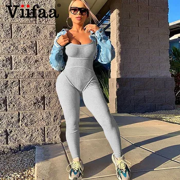 

Viifaa Grey Knitted Fitness Sporting Bodycon Jumpsuit Women Sleeveless Sexy Female Summer Party Ladies Jumpsuits