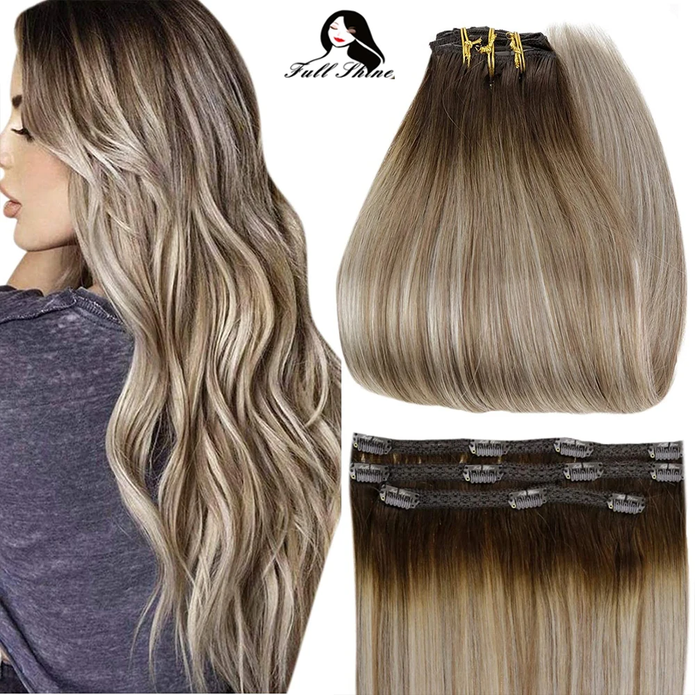 Full Shine 50 Grams Clip On Human Hair Extensions Ombre Color 3Pcs 100% Machine Remy Human Hair Hairpins Clip In Hair Extensions 17