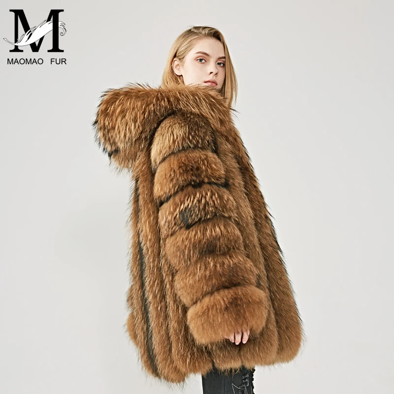 Элегантное пальто из меха енота для женщин, зимнее повседневное теплое роскошное пальто из натурального меха, модная пушистая Женская куртка с капюшоном, пальто