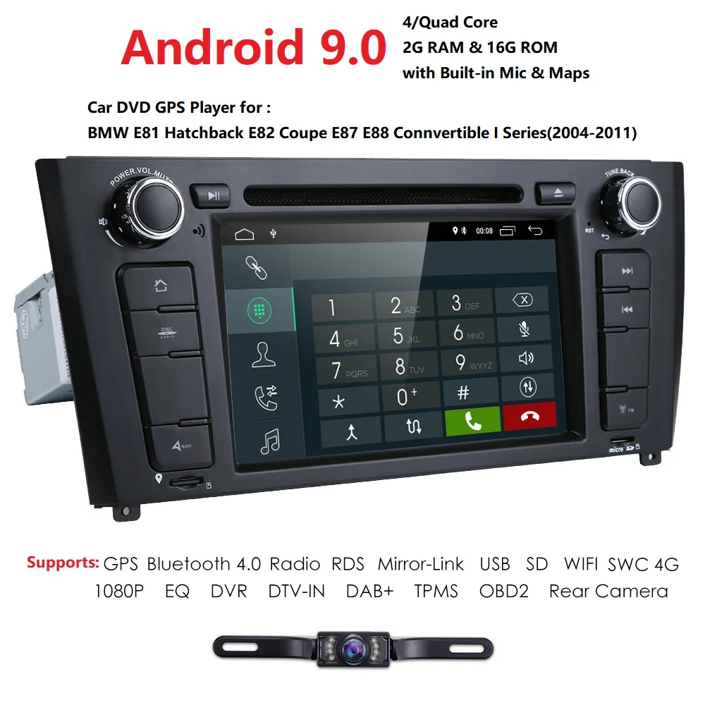  AutoRadio 2 Din Android 9.0 Car DVD Player For BMW E87 BMW 1 Series E88 E82 E81 I20 GPS Navigation 