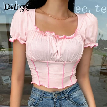 

Darlingaga Square Neck Pink Sweet Summer T shirt Line Patchwork Ruched Crop Tops Fashion Ruffles T-shirts for Women Tee Clothes