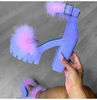 

Woman High Heels Sandals Furry Fur Platform Sandals Solid Color Buckle Party Pumps Ladies Square Heel Leaky Toe Sexy Sandals new