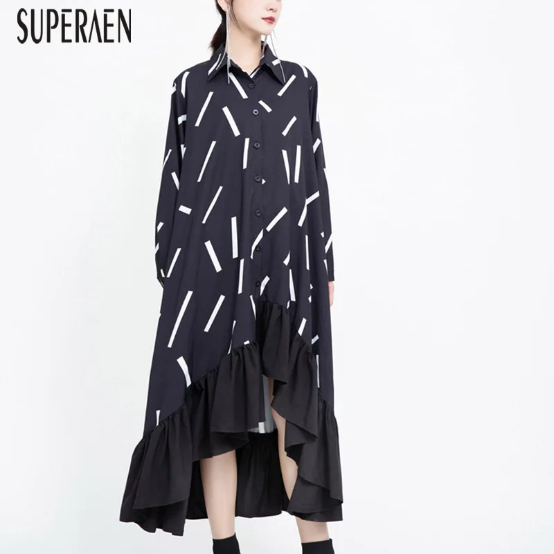 SuperAen/женское длинное платье в Корейском стиле, осень, новое хлопковое женское платье с длинным рукавом необычной длины, модная женская одежда с оборками