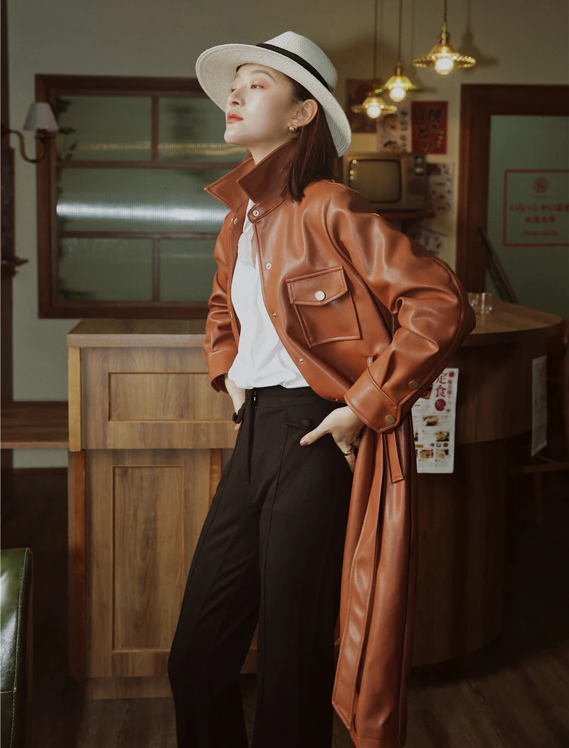 [EAM] Длинная коричневая куртка свободного кроя из искусственной кожи, новинка, Женское пальто с отворотом и длинным рукавом, модное осенне-зимнее 1K830