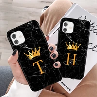 Initial Letter A Z Crown Phone Case For iPhone 13 11 12 Mini Pro X XR XS Max 8 7 Plus SE 2020 2021 Marble Texture Couples Soft TPU Cover