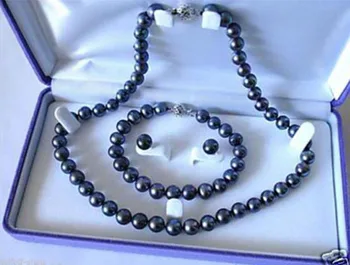 

free shipping Wholesale price +New Fashion 7-8mm Black Akoya Cultured Pearl Necklace Bracelet Earring Set