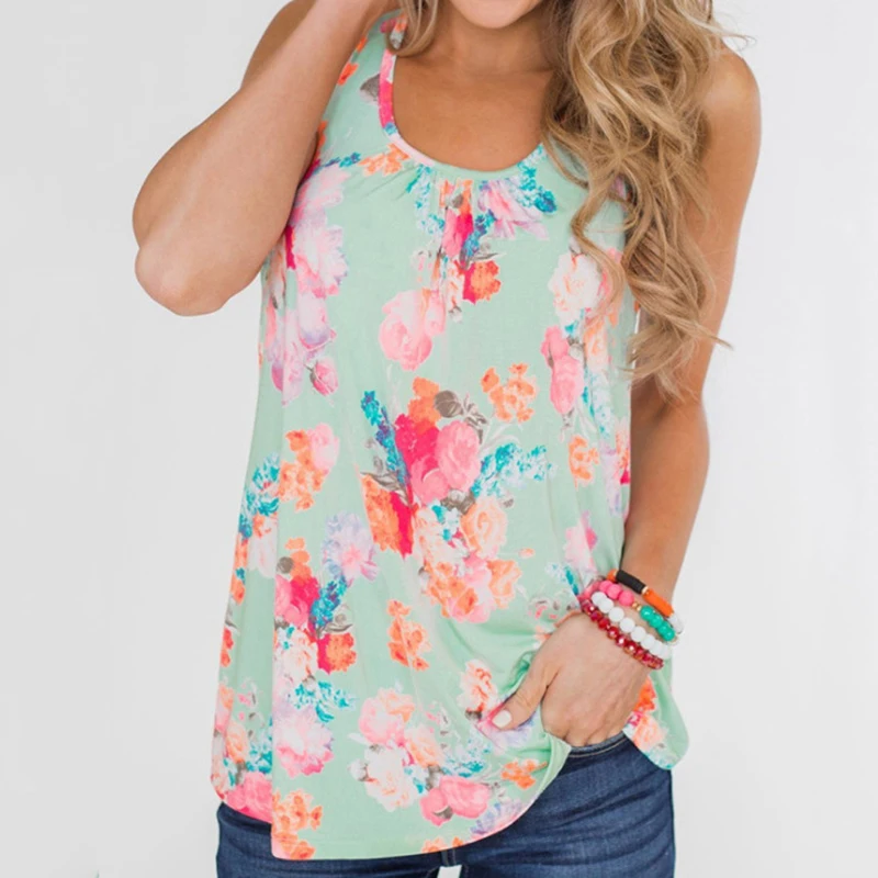 Женская безрукавка с круглым вырезом свободная повседневная без рукавов рубашки летняя майка без рукавов с цветочным принтом разноцветная майка