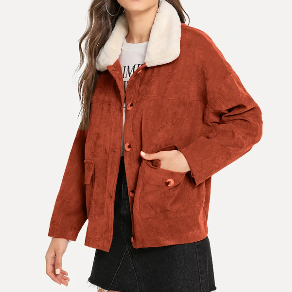 

2019 Autumn Winter Corduroy Coats Turn-down Collar Solid Outerwear Jackets Fashion Pure Color Button Pockets Coat