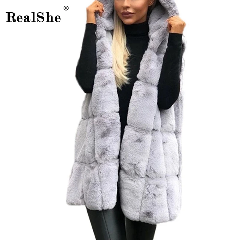 gray vest women RealShe зимняя куртка женская с v-образным вырезом без рукавов пальто и куртки повседневная Осенняя Женская куртка плюс размер Элегантная однотонная меховая жилетка женская - Цвет: gray vest women