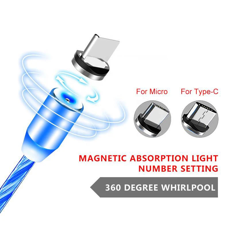 Магнитный течёт светодиодный Micro USB кабель для samsung A6 A7 Plus type-c Зарядка для huawei 1 м Магнитная Зарядка USB кабели
