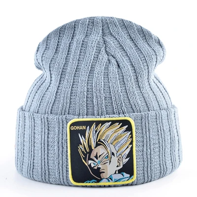 Goku зимние шапки для мужчин вязаная шапка хип-хоп облегающая шапка для женщин дракон вязаная шапочка с помпонами кепка мужская вышивка теплая шапка s - Цвет: Серый