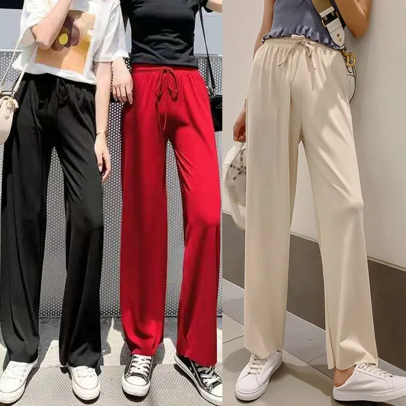 

2020 Women's summer ice silk wide leg pants big yards loose pant fashion culottes elastic waist Ankle-Length Pants casual pants