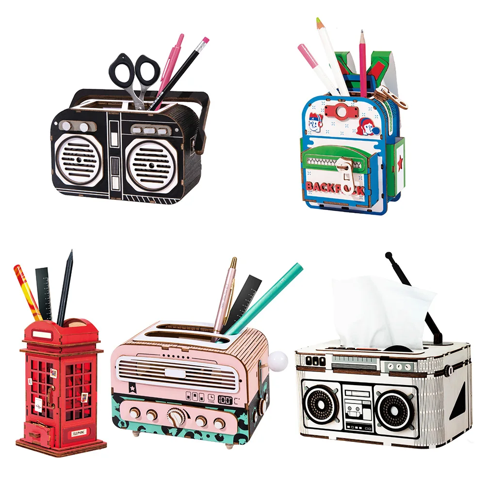 

DIY 3D Wooden Puzzle Penholder Storage Box 5 Kinds Patterns Home Paper Storage Box Popular Toy For Kids Game Gift