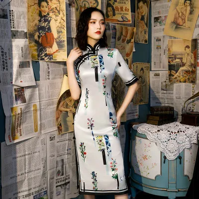 Sheng Coco белый шелк Qipa колено длинное Cheongsam традиционная китайская одежда женское винтажное платье с воротником платья в восточном стиле - Цвет: white qipao