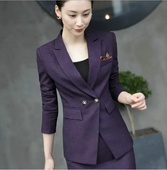 one purple blazer Женский фиолетовый костюм из 2 предметов, комплект одежды, блейзер с длинными рукавами и брюки для офиса, женские деловые костюмы, большие размеры, серые брюки - Цвет: one purple blazer
