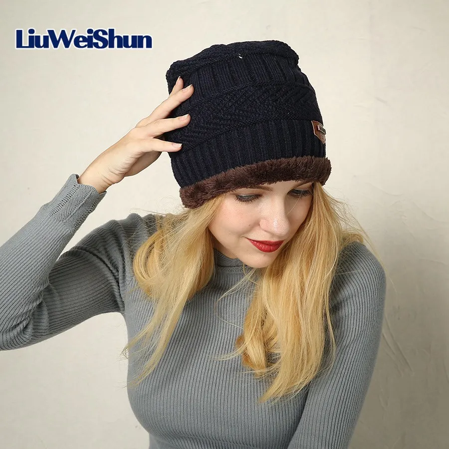 navy blue LIUWEISHUN модная зимняя женская шапка мужская шерстяная шапка Skullies Beanies Skullies Bonnet зимний шарф шапка меховая теплая вязаная шапка - Цвет: navy blue