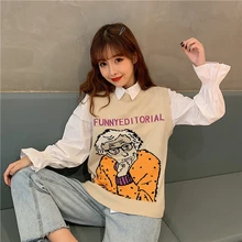 Зимнние модные Для женщин корейский стиль Винтаж и рисунками персонажей из мультфильмов с круглым вырезом без рукавов вязаный свитер жилет хаки Sweter T384