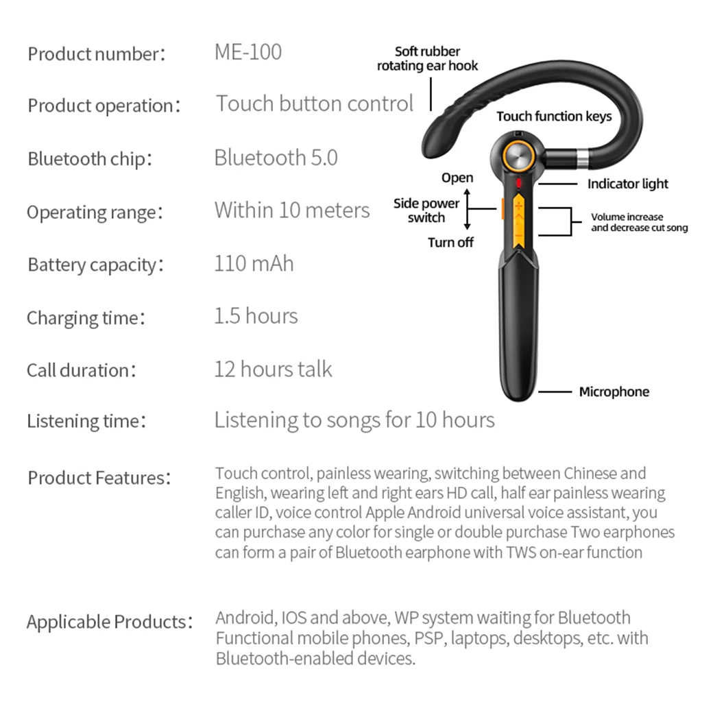 ME 100 Ear hook Wireless Bluetooth Headphone With Mic Stereo Headset Earphone Wireless Headphones Good Sound Noise Cancel
