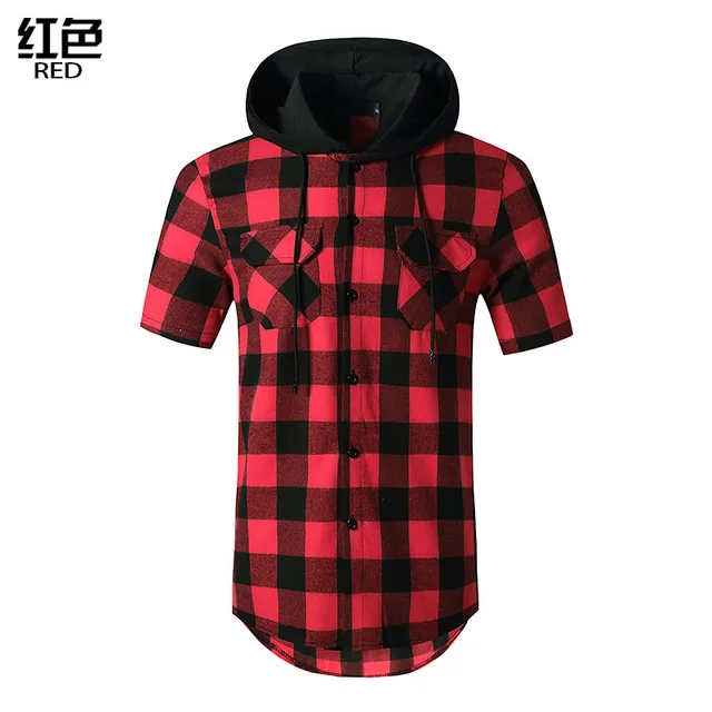 Black Red Plaid Hoodie Shirt Men Double 