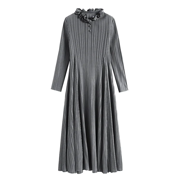 FREE SHIPPING Miyake fold Vintage Lace Collar Long Sleeve Dress with long sleeve A-Line dress IN STOCK