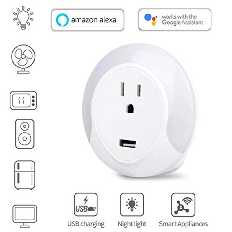 Светодиодный ночник Smart Wifi Socker с 5 в Usb зарядным портом, работает для Alexa Google Assistant Us Plug