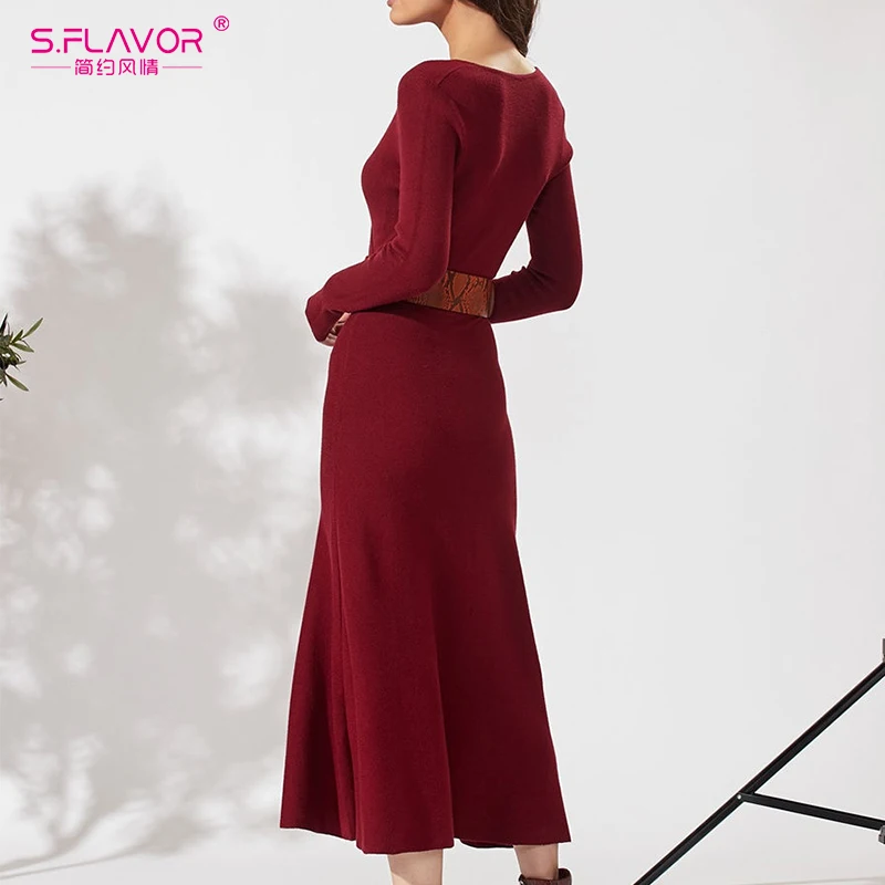 S. FLAVOR 2019 Элегантное Длинное платье Осень зима женское одноцветное v образный
