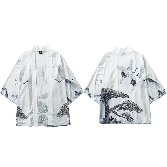 A227070 Hip Hop Men Streetwear Jacket Pine Tree Crane Print Harajuku Kimono Jacket Japanese Summer Autumn Thin Gown Japan Style - Цвет: A227070