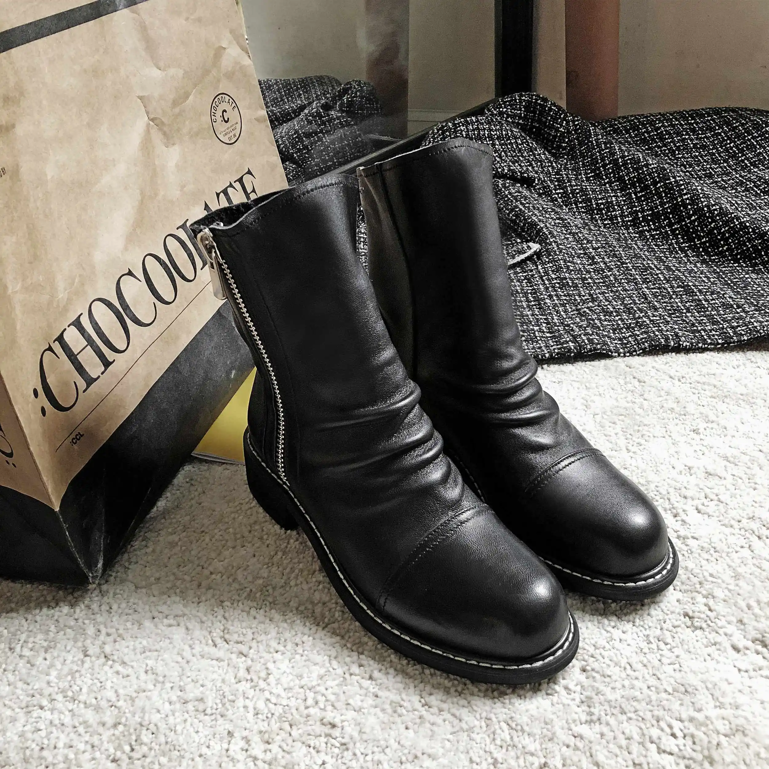krazing pot pleated sheep leather superstar low heel western round toe zipper personalized design wear mid-calf boots l09