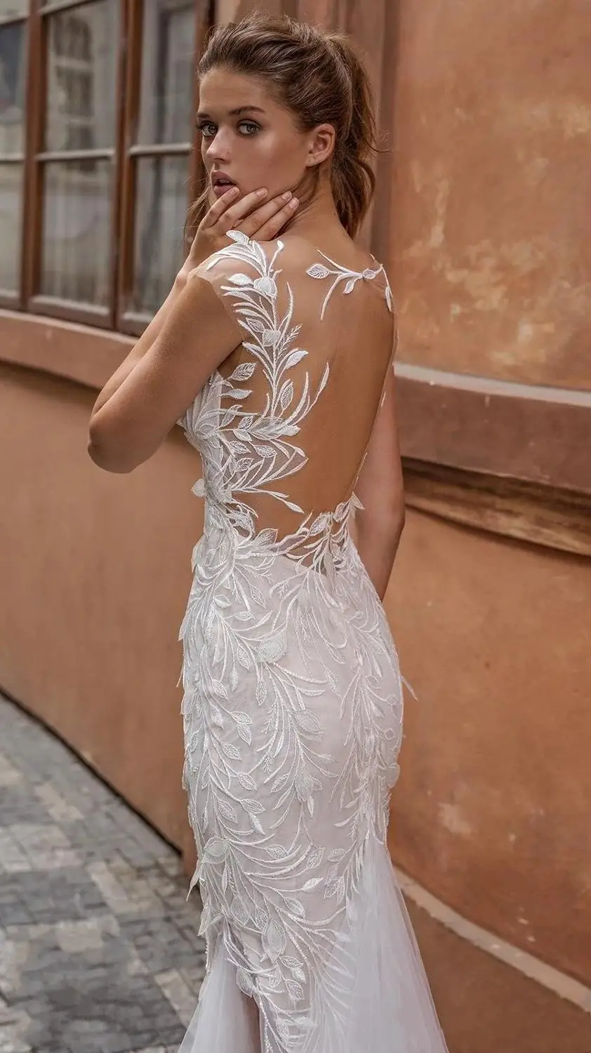 Модное кружевное свадебное платье русалки соблазнительное Тюлевое Свадебные платья с глубоким вырезом на спине с коротким рукавом Vestido De Noiva