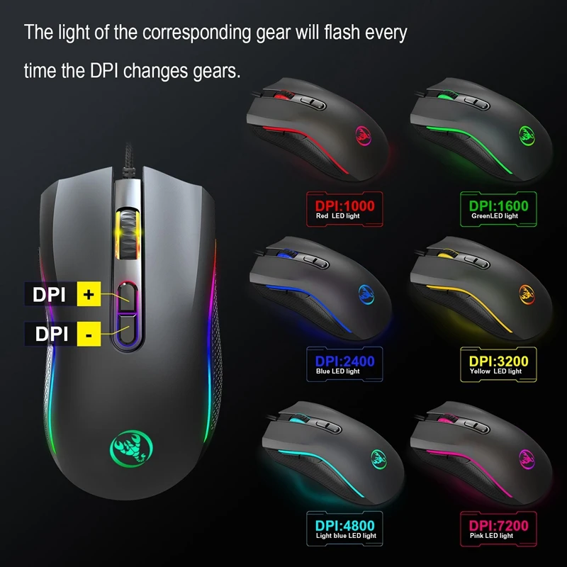 HXSJ A869 RGB 7200DPI 7 Buttons GRB Colors LED Optical USB Wired Mouse Gamer Mice Computer Gaming Mouse for Pro Gamer