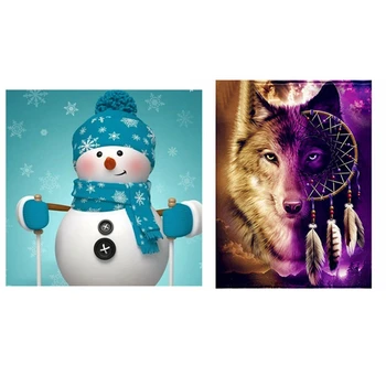 

2 Set Diamond Painting DIY Full Drill Kit Rhinestone Embroidery Pictures Cross Stitch, Snowman & Wolf Feather