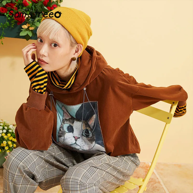 

Samstree Cat Print Vintag Korean Corduroy Hoodies Sweatshirt Women 2019 Autumn Streetwear Leisure Oversize Ladies Sweatshirts