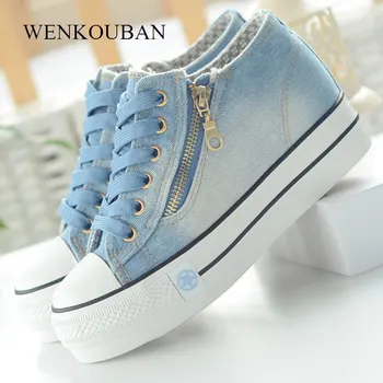 

Woman Sneakers Summer Platform Shoes Fashion Vulcanize Shoes Casual Wedges Canvas Trainers Ladies Lace Up Denim Zapatillas Mujer