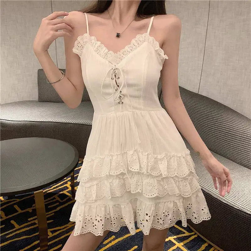 Женское платье-комбинация без рукавов белое пляжное платье с v-образным вырезом и