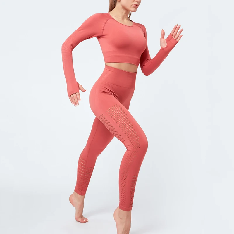 Red BESGO, комплект для йоги, пуш-ап, спортивный костюм, контроль живота, одежда для фитнеса, набор для спортзала, отверстие для большого пальца, спортивная одежда, женский тренировочный спортивный комплект - Цвет: Red