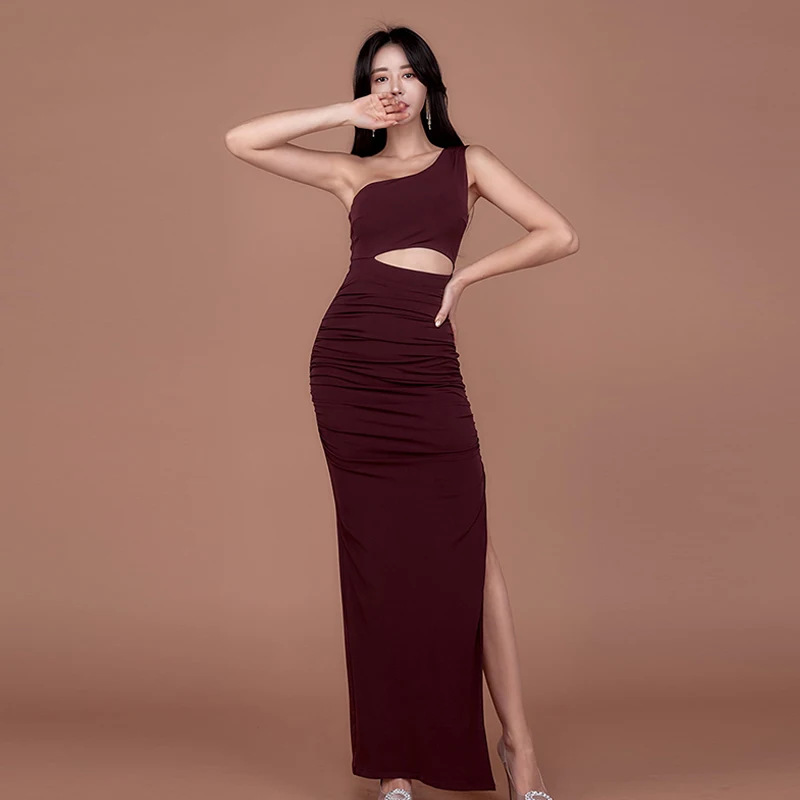 S-XL Sexy Korean Diagonal Shoulder Strapless Floor-Length Dresses 2022 Spring Solid  Elegant Women Bodycon Party Vestido