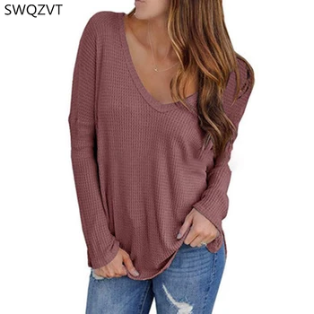 

V-neck Loose New Women Shirts Casual Solid Color Full Sleeve Women Tops Ladies Female Outerwear T-shirts Women Black White 2019