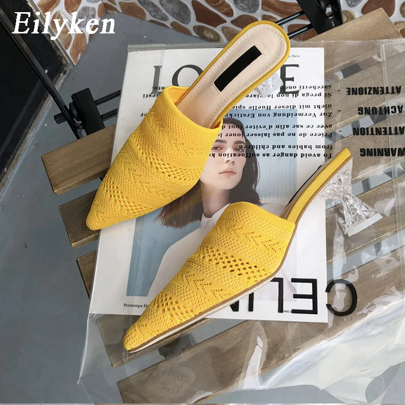 Eilyken; женские дышащие вязаные эластичные туфли с острым носком; шлепанцы без задника с открытой пяткой; туфли без задника на каблуке из плексигласа