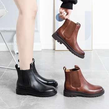 

020 Genuine Leather Women Ankle Boots Platform Shoes Chunky Heel Fur Chelsea Boots Ladies Luxury Brand Designer Real Leather