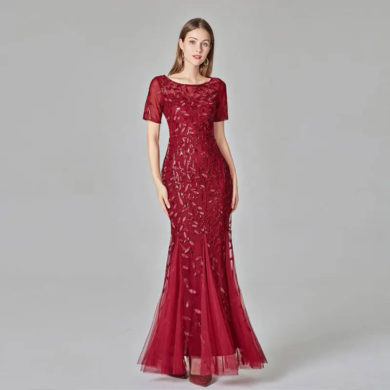 Burgundy Красивые вечерние платья Emily с круглым вырезом и аппликацией из тюля, длинные платья с коротким рукавом, многоуровневые платья с отворотом для выпускного бала, плиссированные платья, Vestido de noche - Цвет: Burgundy