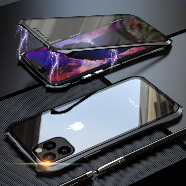 1 LUPHIE для iPhone 11 11Pro MAX летучая мышь тонкий металлический каркас Анти-взрыв закаленное стекло Полный чехол с магнитной адсорбцией - Цвет: 1
