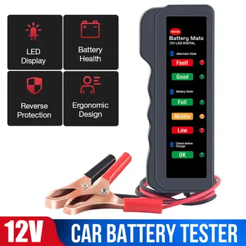 

YAWOA 12V Car Battery Tester Battery Tester Clip Portable Motobike Alternator Tester 6 LED Pure Copper Wire Clip Diagnostic Tool