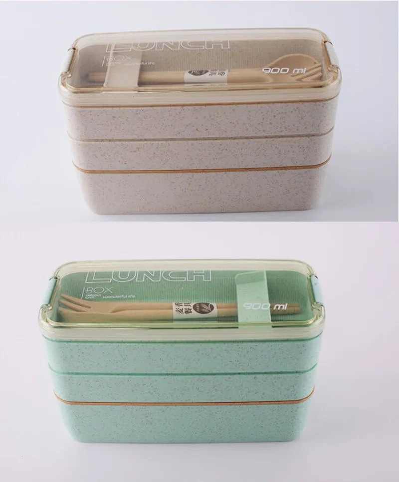 

900ml Eco-friendly 3 layer Bento Lunch Box Wheat Straw,lunch box Leakproof Food container with Fork and spoon