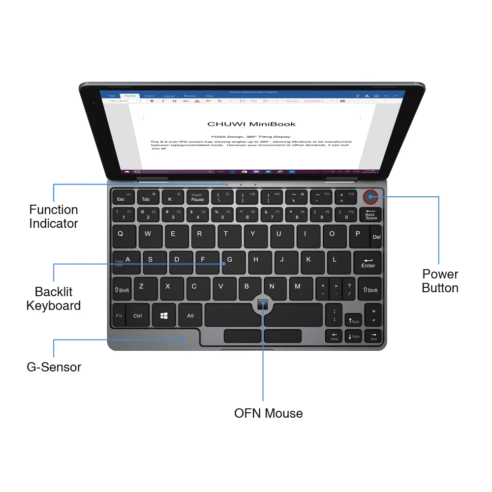 CHUWI MiniBook 8 дюймов ips экран Процессор Intel Core M3 8100Y Windows 10 OS 8 ГБ 128 Гб карманный ноутбук с подсветкой клавиатуры