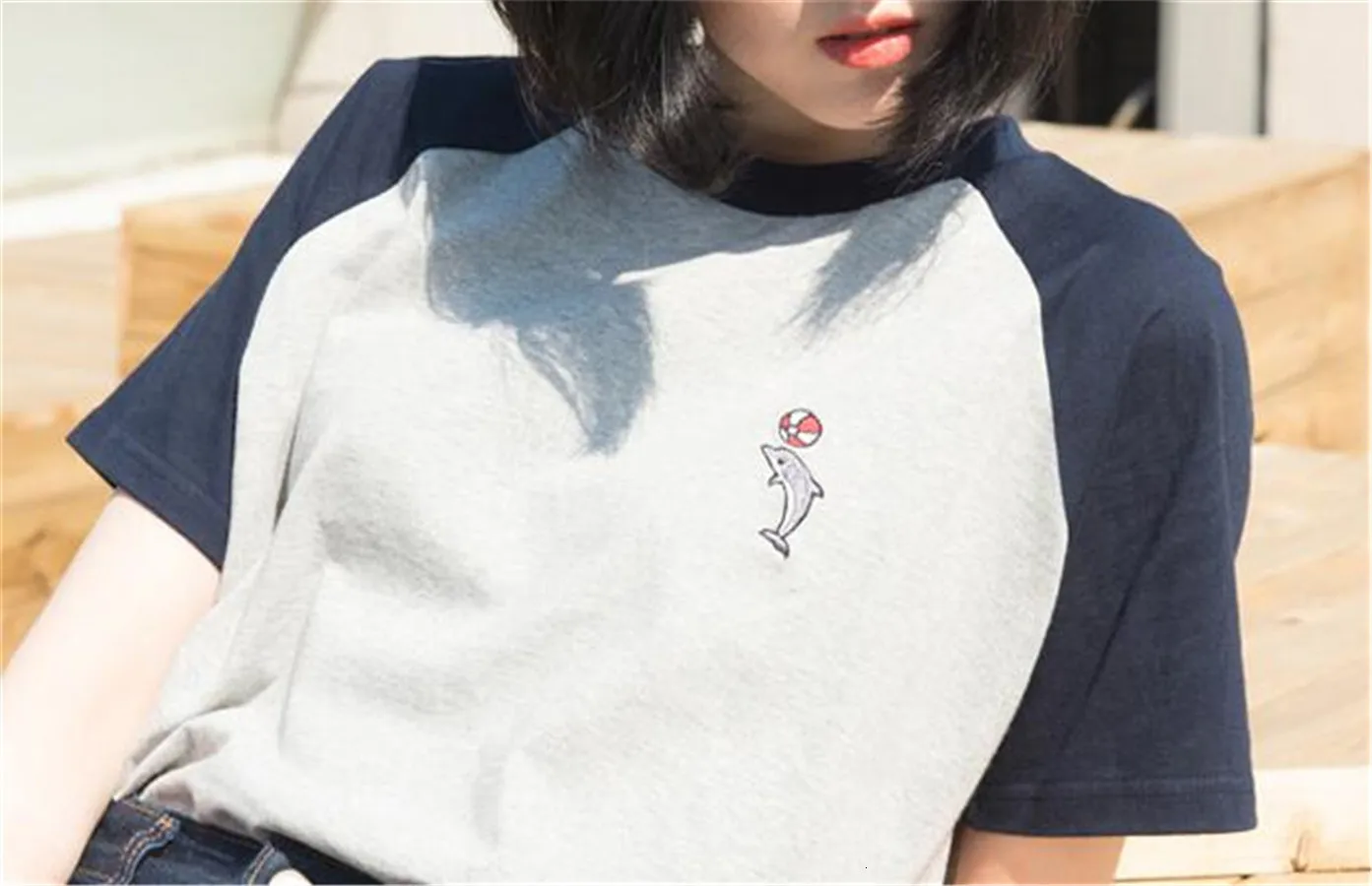 

Summer Preppy Style T Shirt Women O-Neck Dolphin Embroidered Short Sleeved Loose Casual Tees