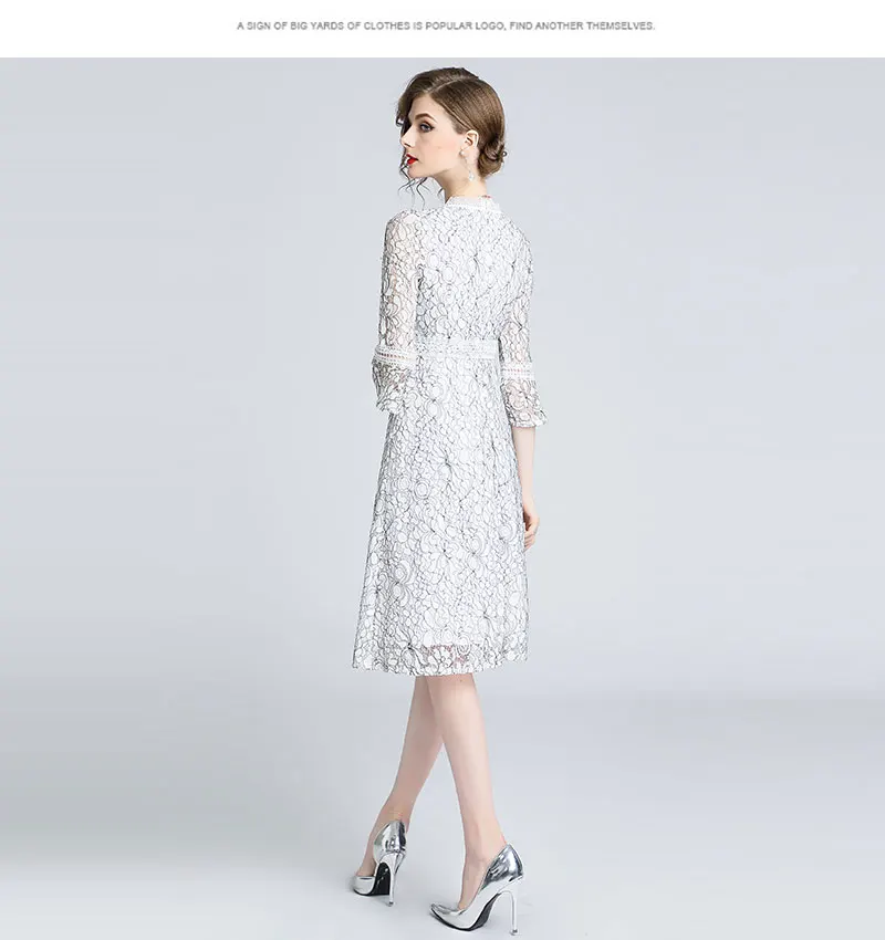 Women Casual Dress New Brand Autumn Fashion Flare Sleeve Hollow Out Lace Elegant Slim Ladies Party Dresses