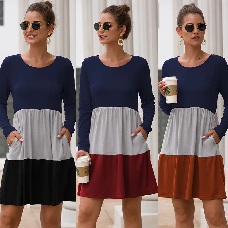 

New dress three-color stitched-out round-neck pocket A-word Women dress